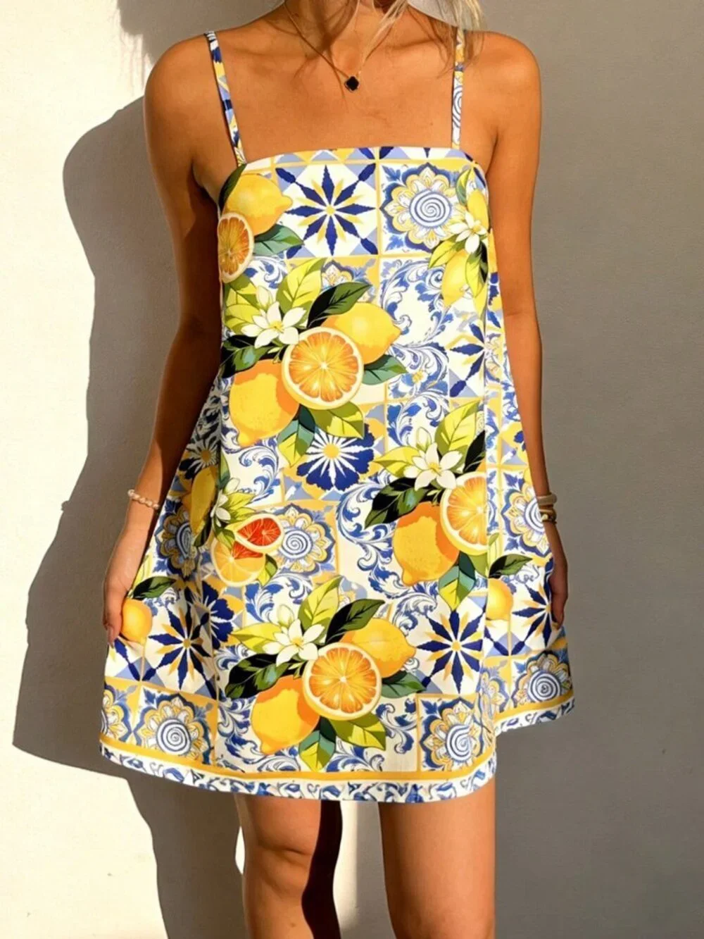 Multicolor Boho Women's Casual Lemon Flower Print Mini Dress